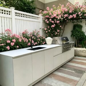 Stainless steel outdoor kitchen cabinet leveling system installation