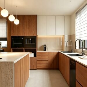Custom kitchen cabinet configuration integrating base, wall and tall cabinets