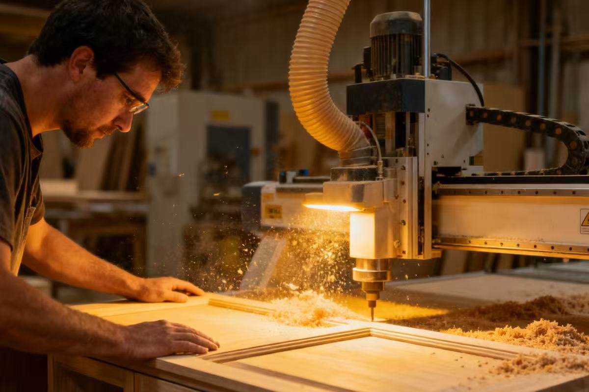 Carpenter working on a custom wood cabinet beside pre-assembled ready-made furniture pieces in a workshop