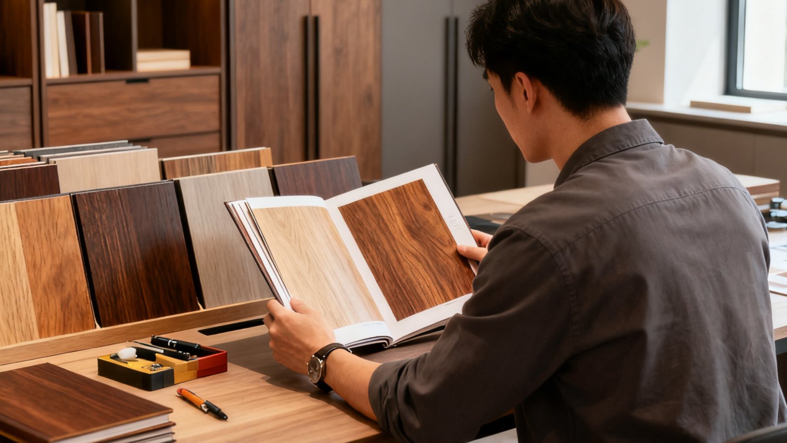 Designer choosing between wood textures and finishes using a sample book in studio