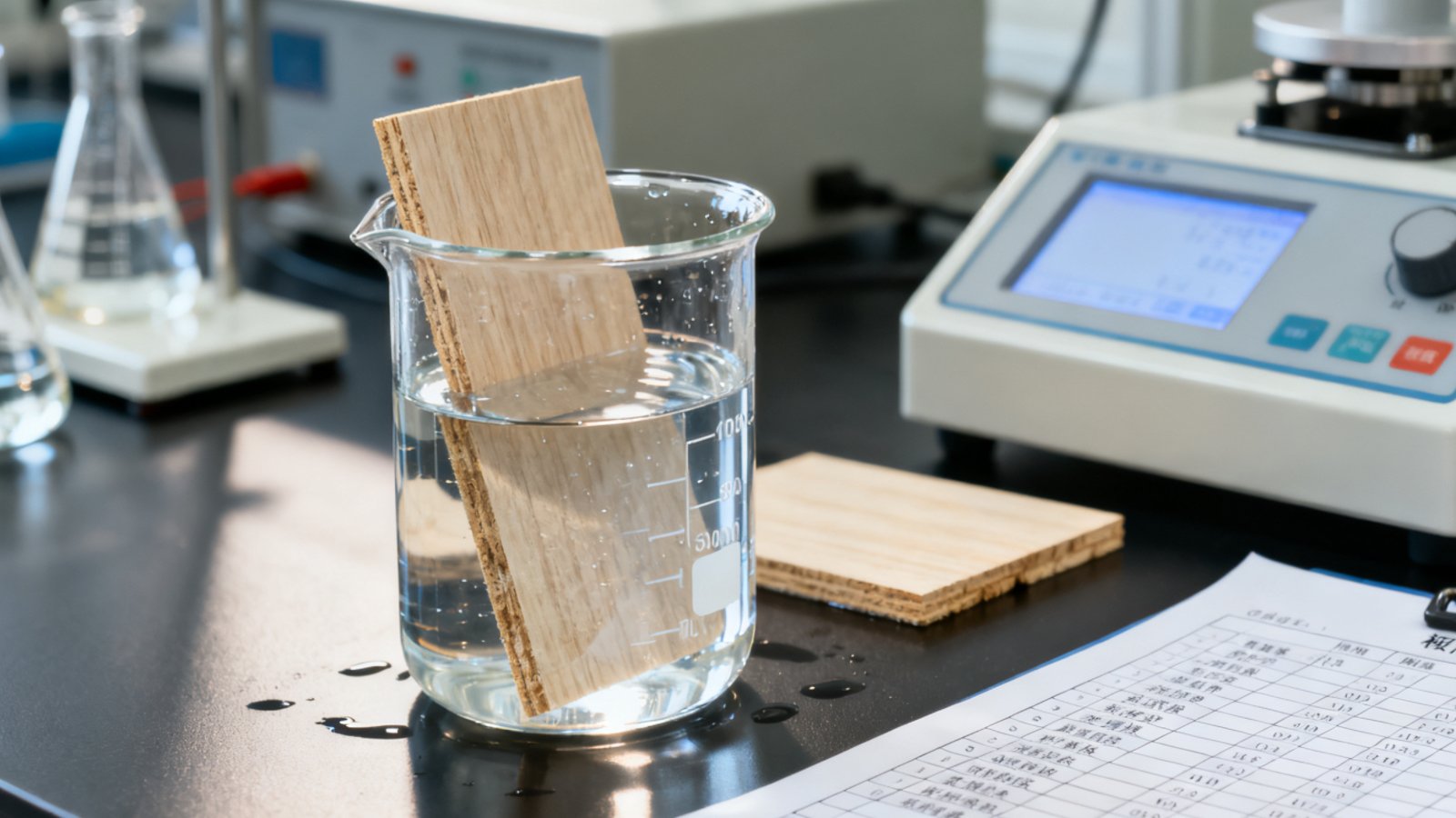 Furniture board moisture resistance test performed in a lab with instruments and results sheet