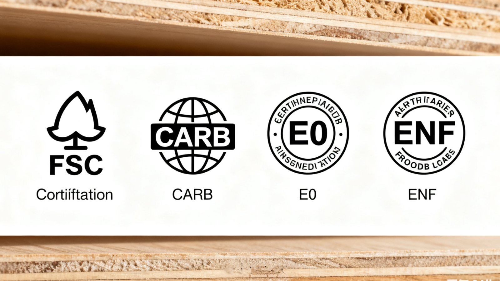 Certification badges such as FSC, CARB, and E0 displayed together on a clean background