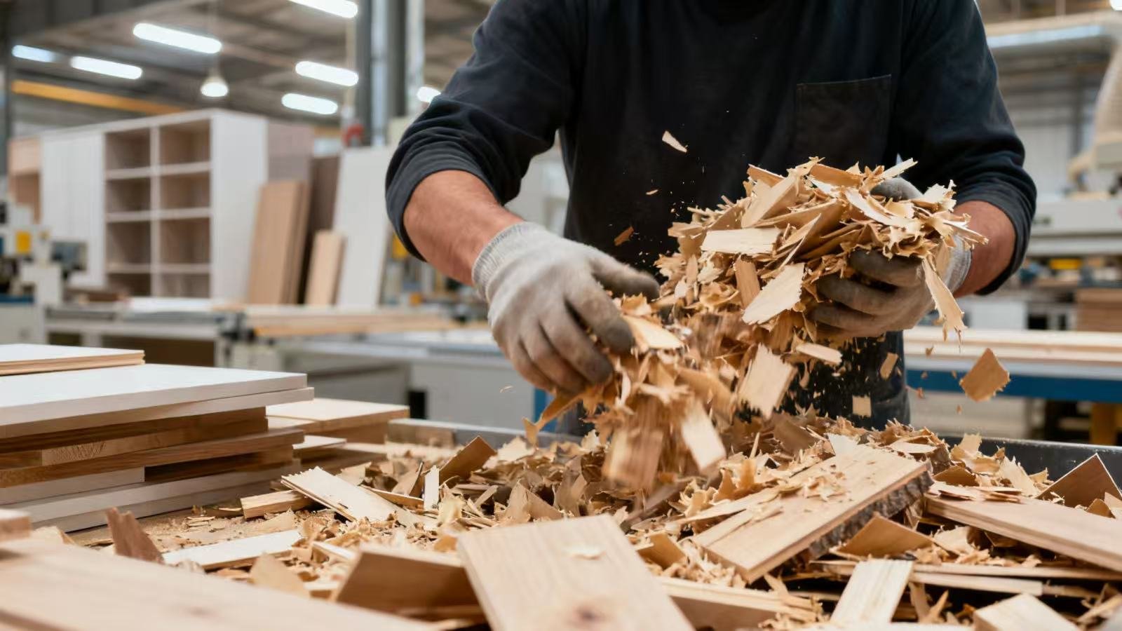 orkers collecting sawdust and offcuts for reuse in compressed boards