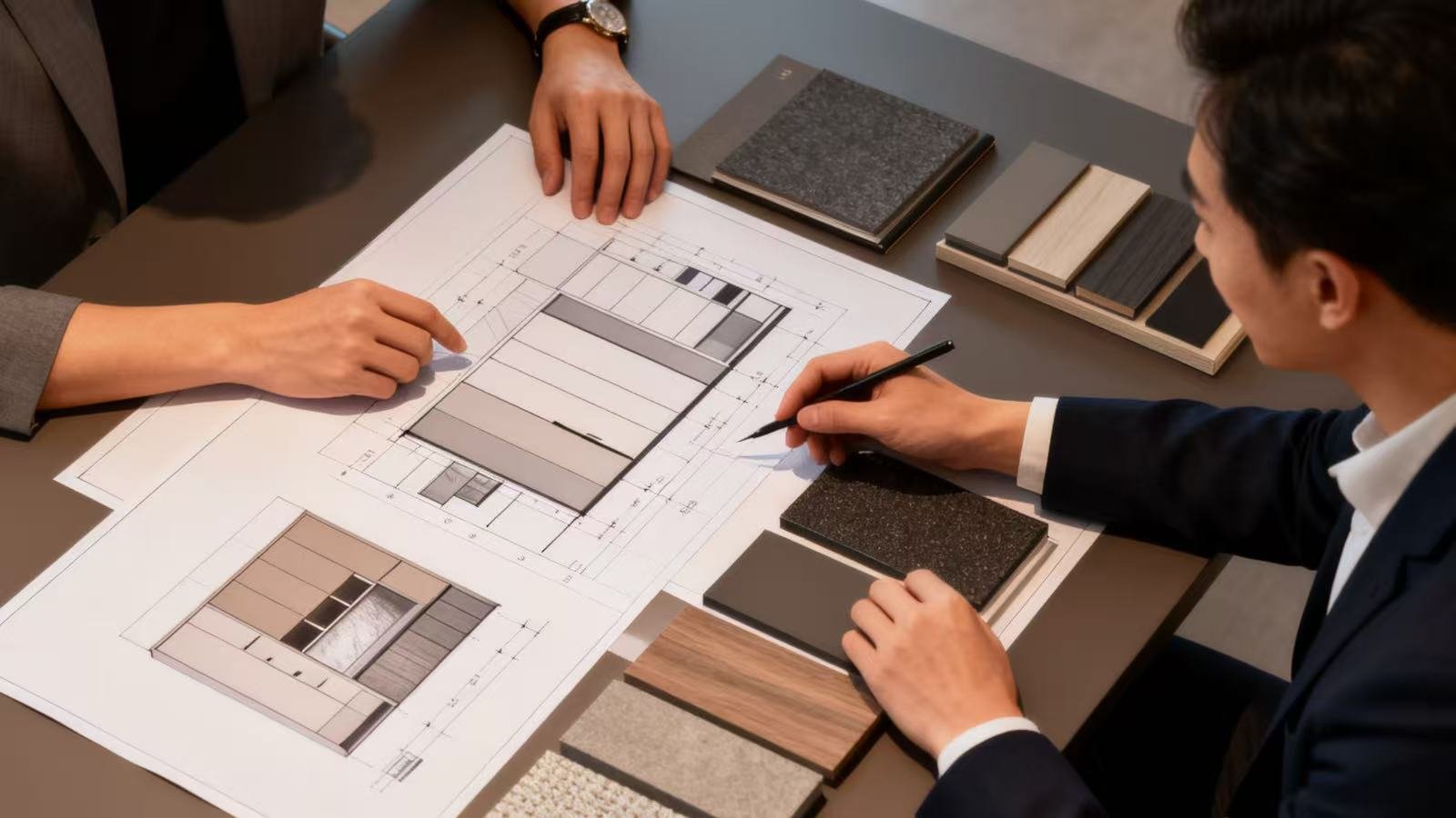 Designer presenting a 3D render of a custom cabinet to a client in a meeting room