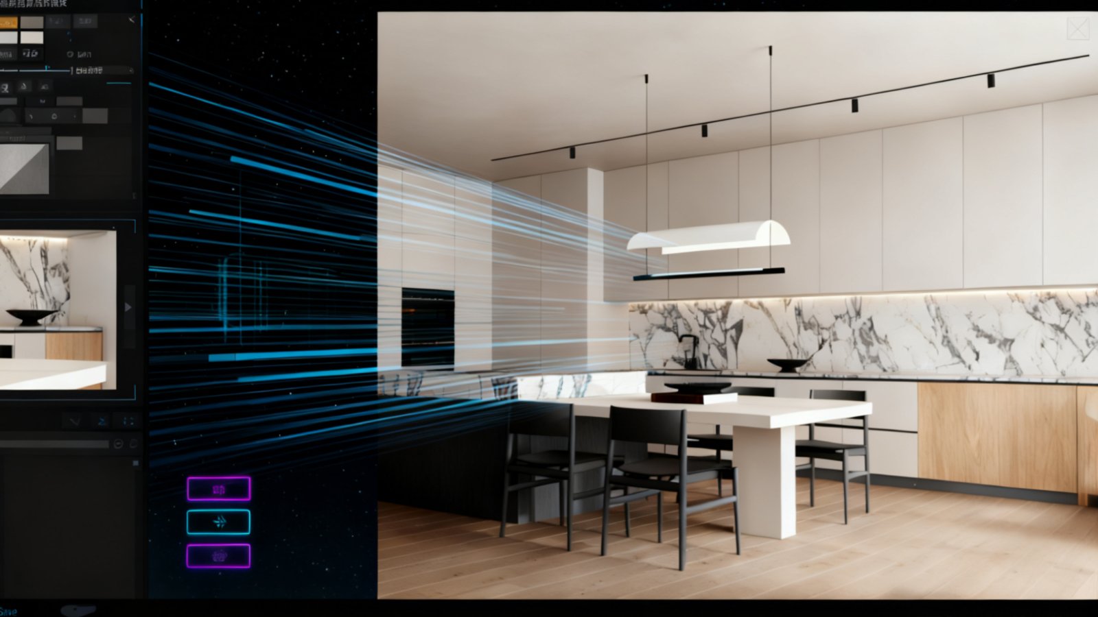 Designer using AI software to visualize furniture in 3D on a computer screen