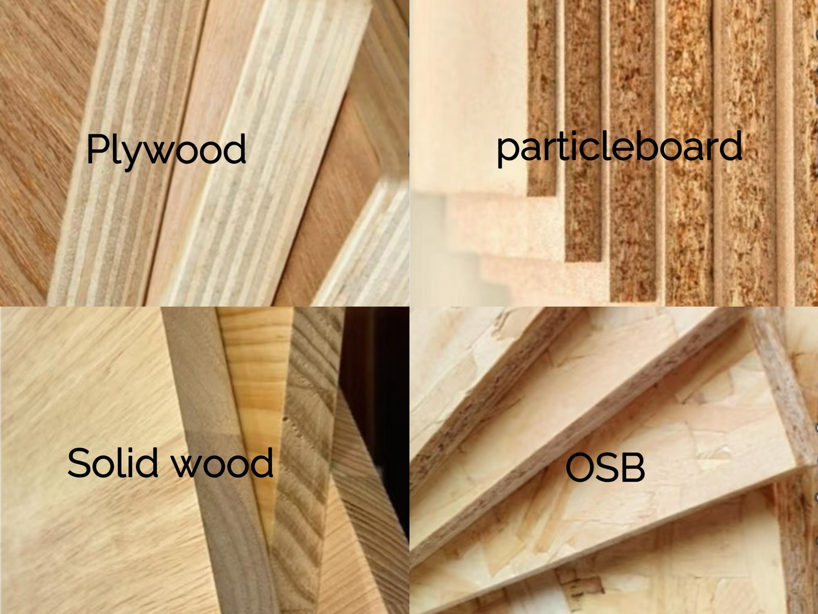 Kitchen cabinet materials including solid wood, plywood, MDF,particle board and OSB comparison