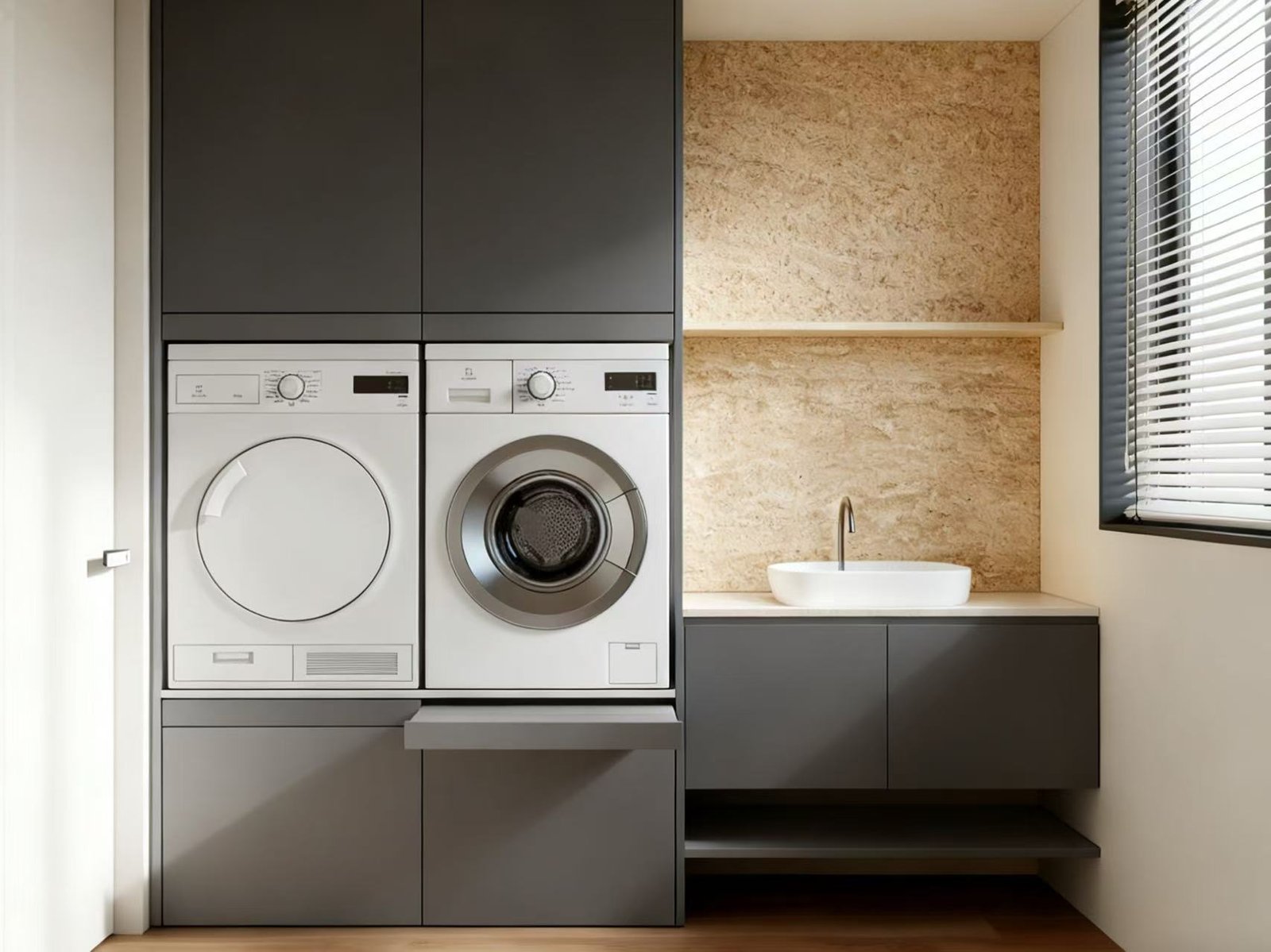 Laundry room sink cabinet with custom storage drawers