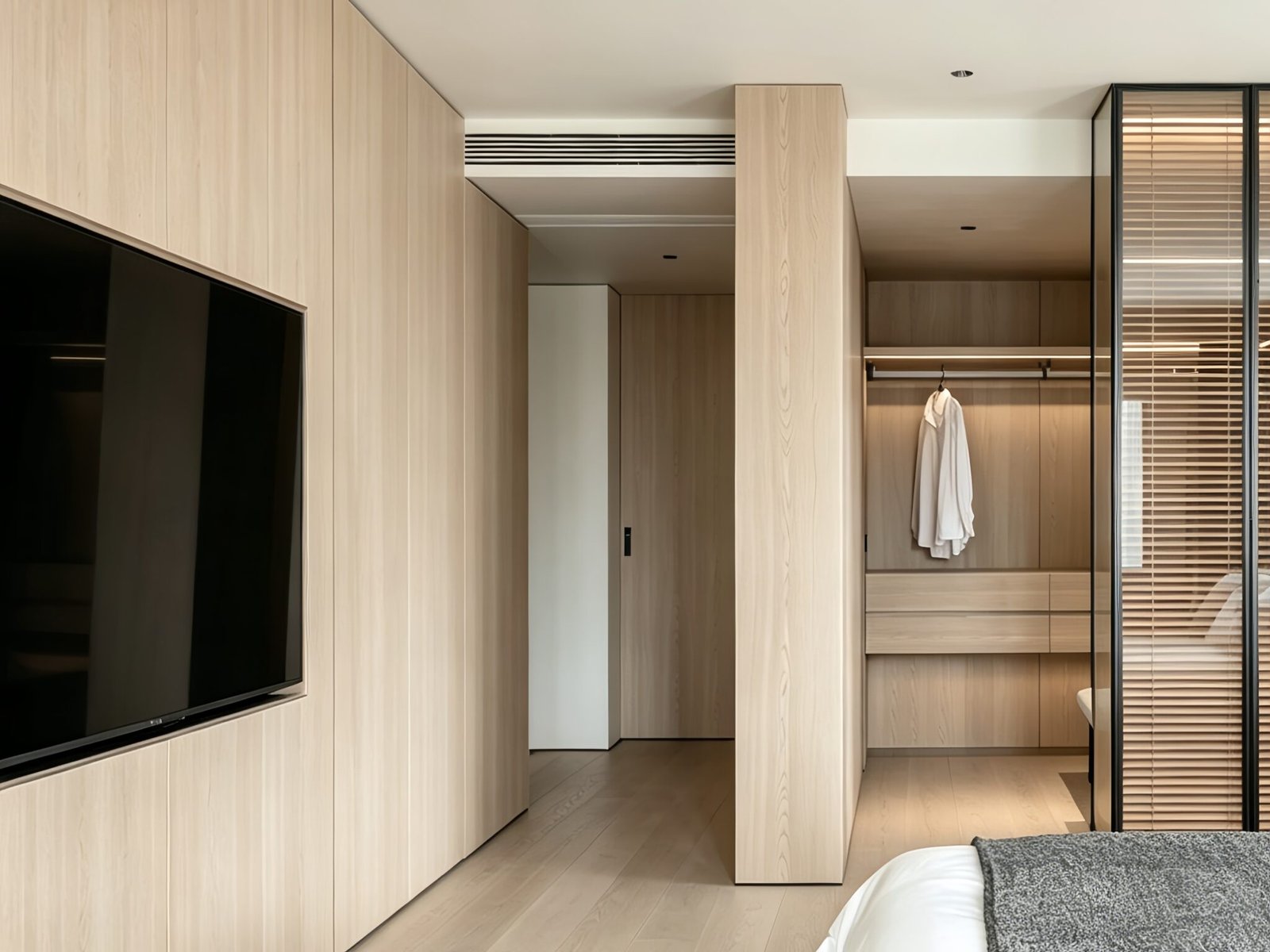 Finished custom built-in wardrobe cabinetry with precise internal partitioning and hardware integration