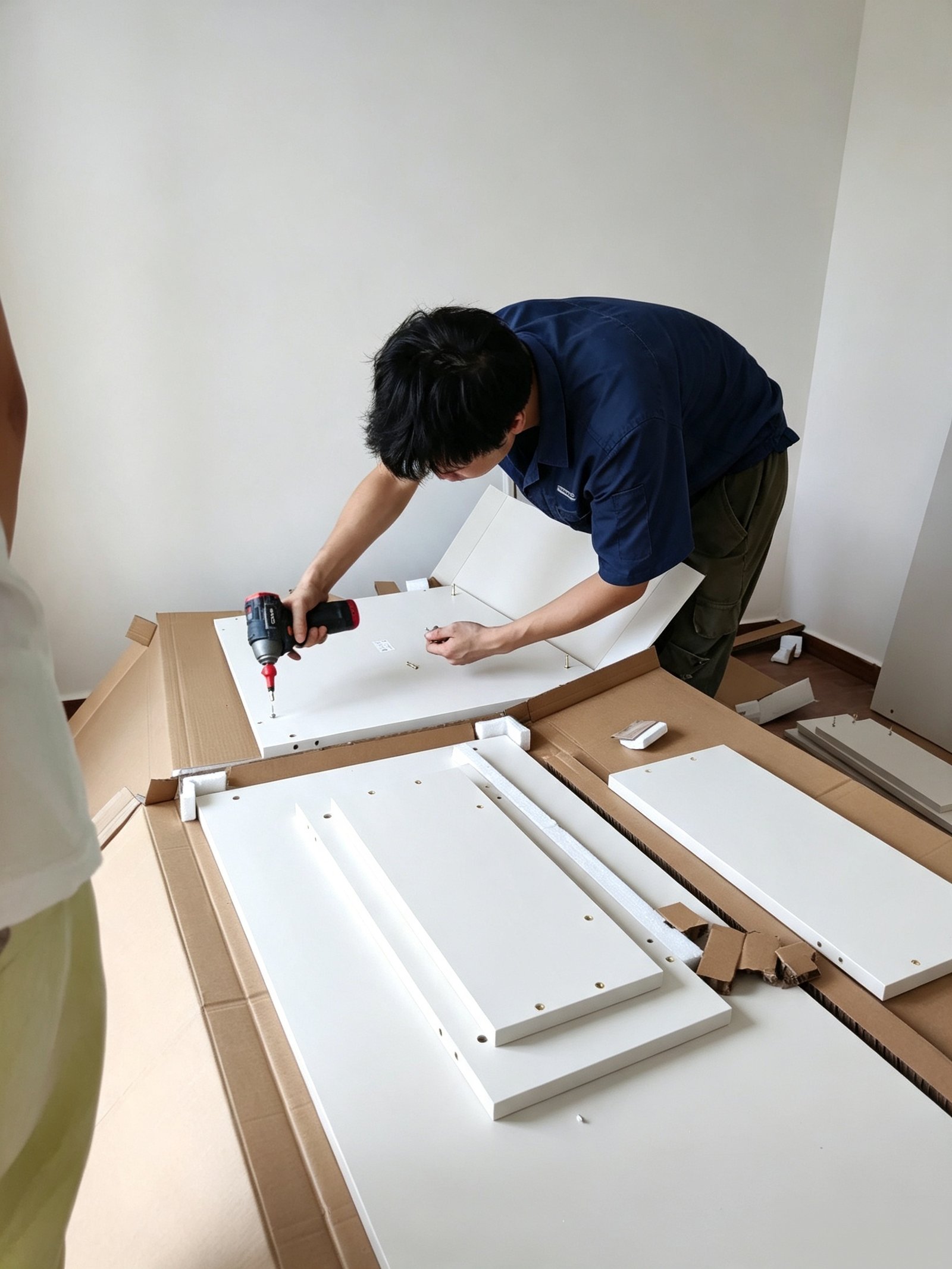 Installer checking cabinet installation alignment and wall tolerances with a laser level on site.