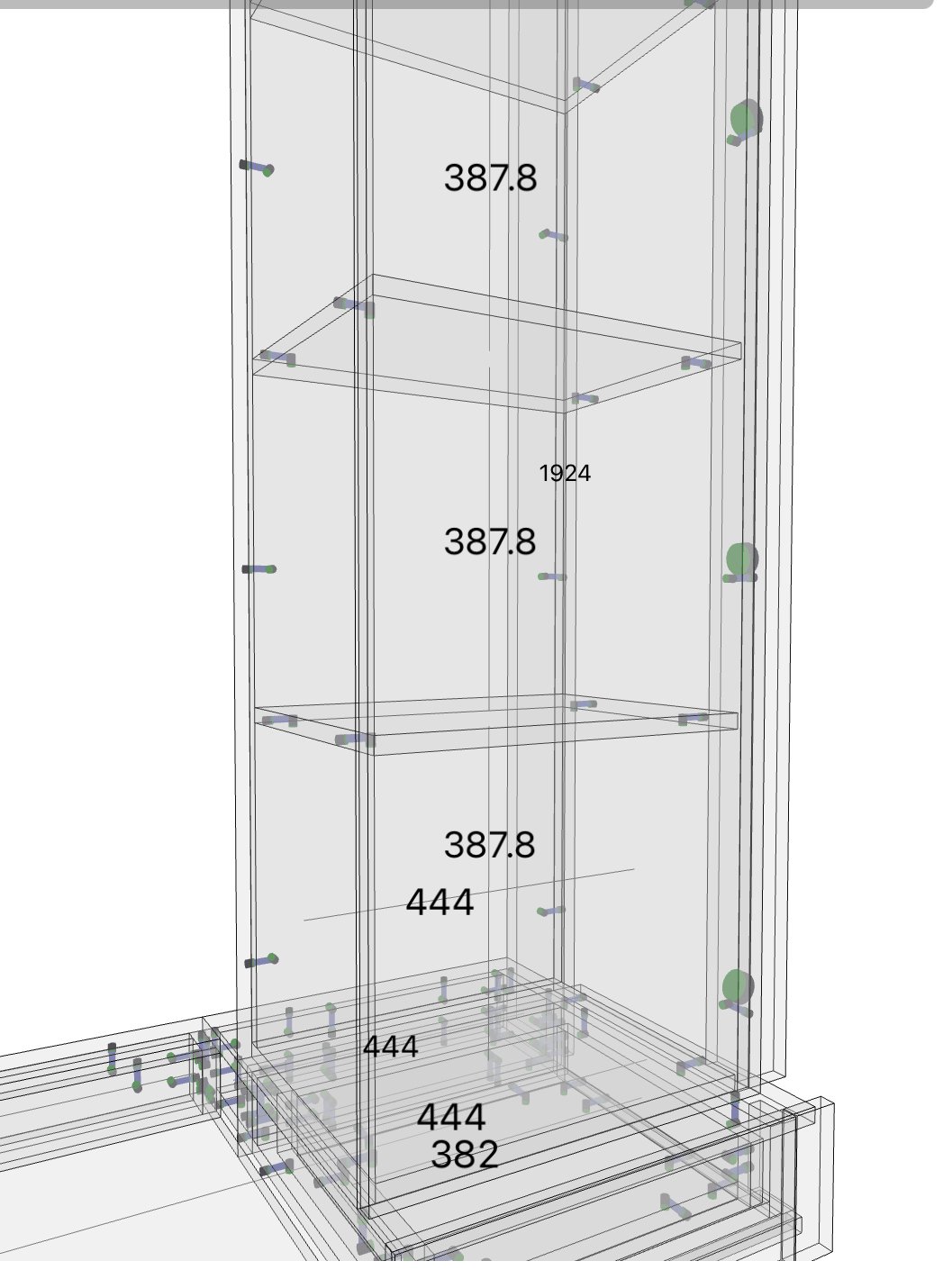 Detailed CAD shop drawing showing cabinet dimensions, 32mm system hole patterns, and hardware clearances.