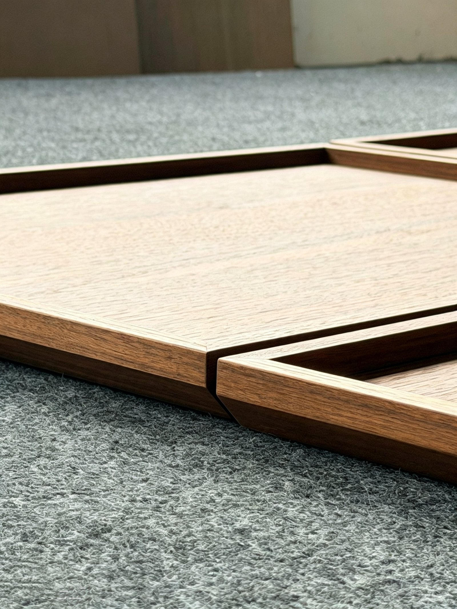 Close-up of natural walnut veneer grain on a framed cabinet door